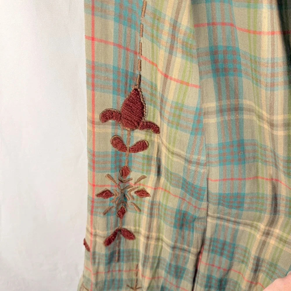Kyla Seo Embroidered‎ Plaid Lagenlook Vest Small Green Brown Boho Fairygrunge